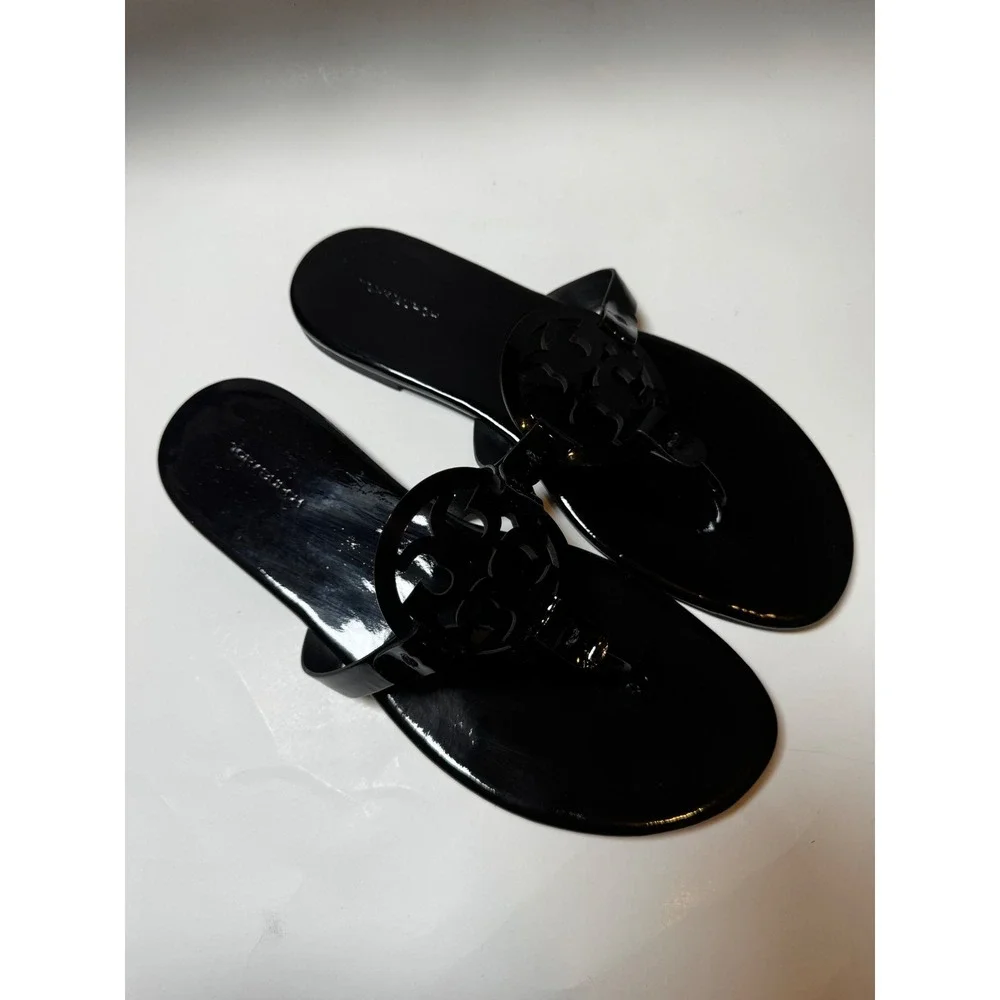 Tory Burch Miller Cloud Black Patent Leather Logo Thong Sandals 10.5